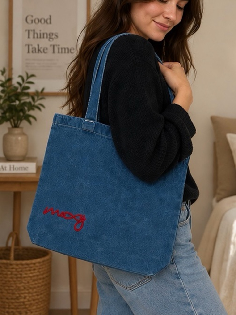 LIKE NEW Denim Blue Canvas Tote with Red Script Accent